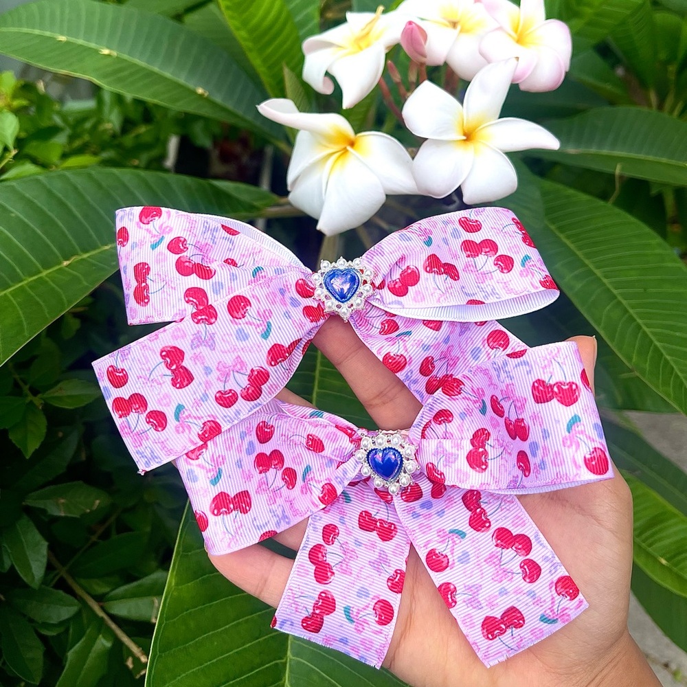 Pink Cherry Print Hair Bows with Blue Heart Charm